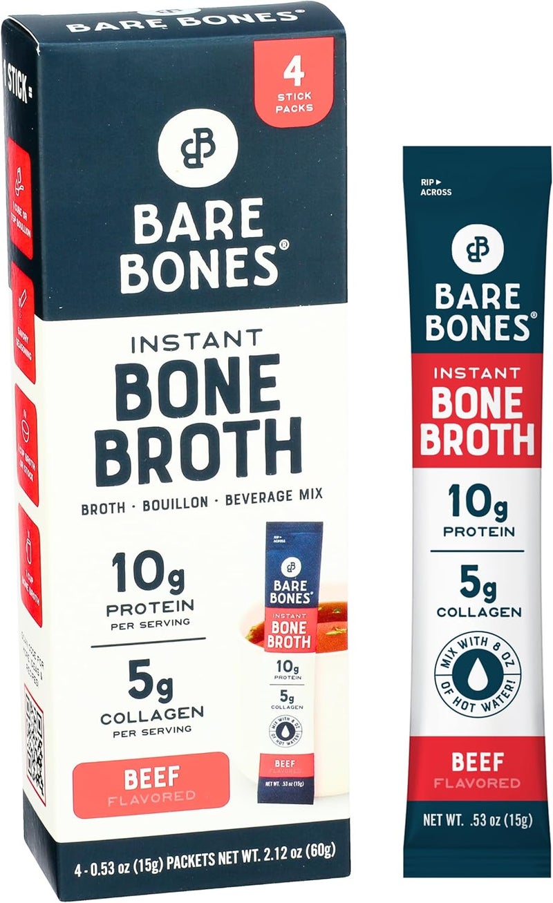 Bare Bones Beef Bone Broth Instant Powdered Mix | Rich Savory Packets on-the-Go No Artificial Flavors | 100% Grass Fed Keto & Paleo Friendly | 10g Protein | 4 Pack - Image 1